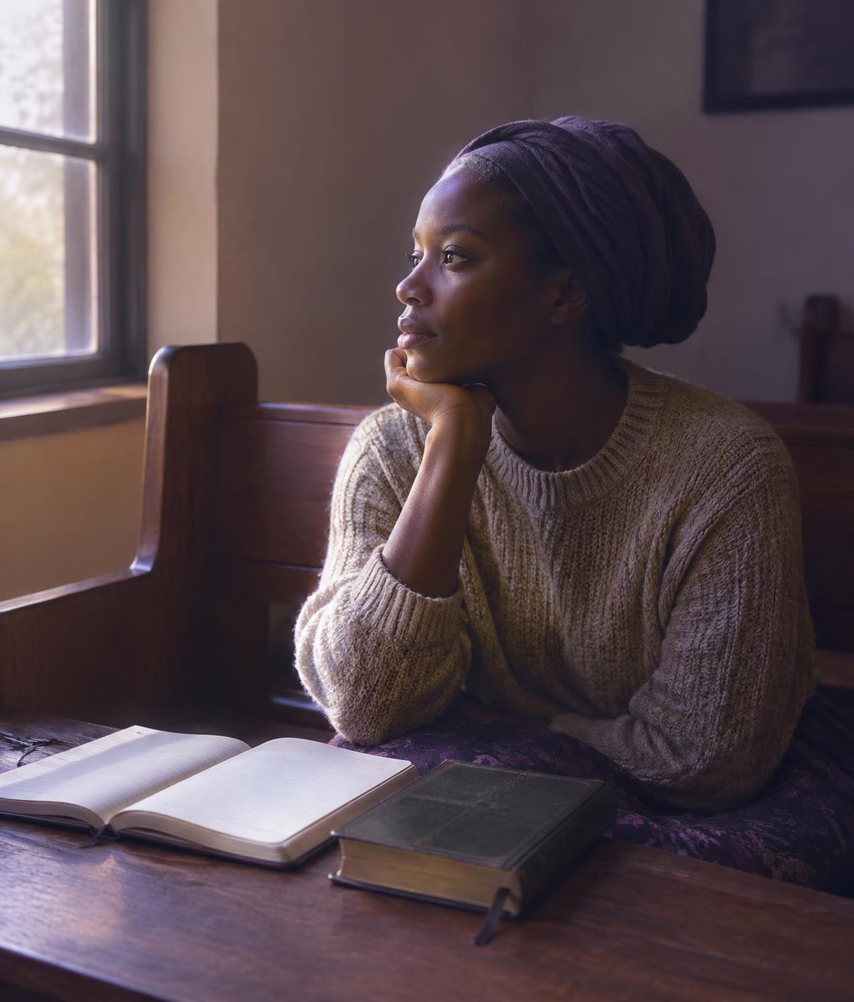A young woman in quiet reflection with a notebook